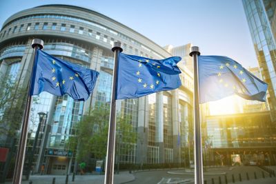 EU flags outside a building in Brussels. 