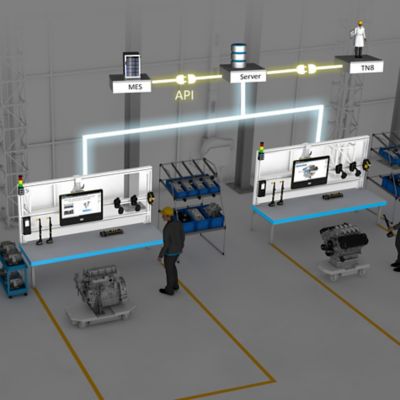 체결 공정과 MES 시스템의 통합 연동을 시각화한 공장 자동화 다이어그램 – 아트라스콥코 디지털 솔루션