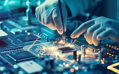 전자 회로 기판 위 정밀 작업 중인 엔지니어 – 반도체 및 전자산업용 체결기기