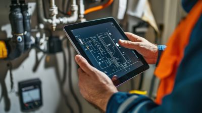 Service Technician holding a tablet and viewing an illustration.