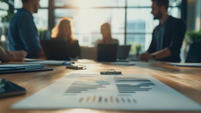 Blurred business people by a meeting table, sun in the background through the office window.