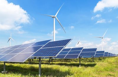 Solar cells with wind turbines generating electricity in hybrid power plant systems 