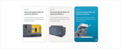 Atlas Copco products on three different solid backgrounds, white, beige and blue.
