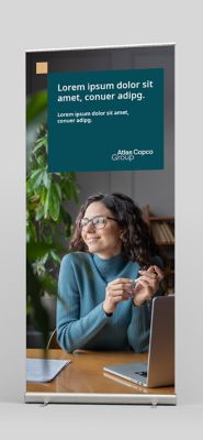 Standee with an image and text in a teal box at the top of the image