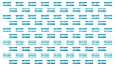 Static backdrop with a pattern of Atlas Copco logos in blue on a white background