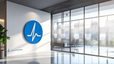 Teams background option 5 in office space with shield and tagline