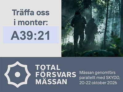 Bild med militärer i skogen och logotype för Totalförsvarsmässan