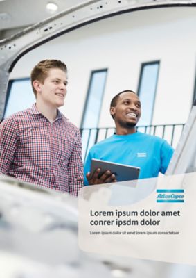 Brochure template with the gradient Atlas Copco logo inside an innovation flag in bottom right corner