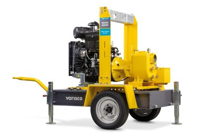 Yellow Atlas Copco self-priming centrifugal pump on a trailer, for rent. Industrial pump with diesel engine.