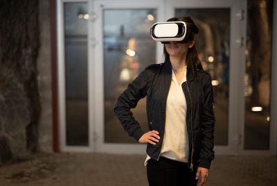 Woman with virtual reality headset on