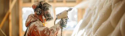 Worker spraying foam insulation in a homes basement The image captures the worker in full protective gear, focusing on the nozzle as foam expands into gaps The basement environment emphasizes the importance of insulation for overall home comfort