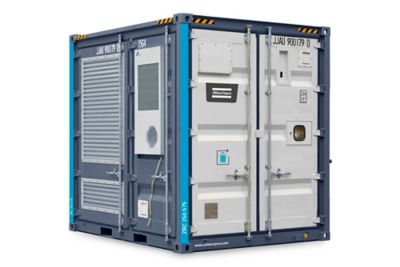 Render van een industrieel energieopslagsysteem in container. De container heeft een witte en grijze kleur.