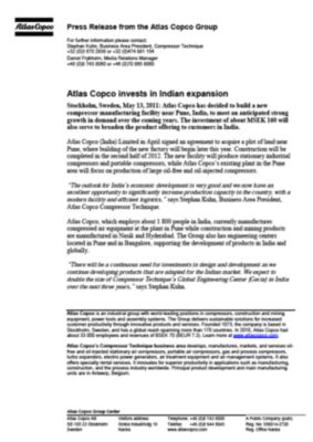 110513 -en- Atlas Copco invests in India