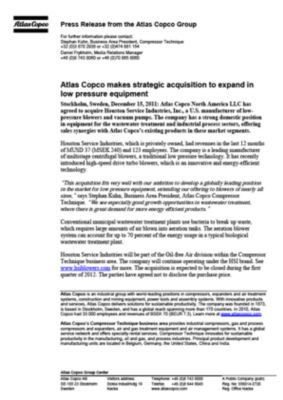 111215 -en- Atlas Copco to acquire Houston Service Industries