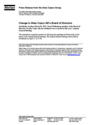 120319 -en- Jacob Wallenberg to leave the Atlas Copco board