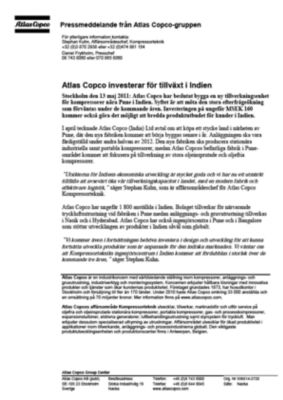 110513 -sv- Atlas Copco invests in India