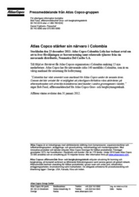 111223 -sv- Atlas Copco takes over distribution in Colombia