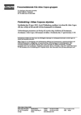 120319 -sv- Jacob Wallenberg to leave the Atlas Copco board