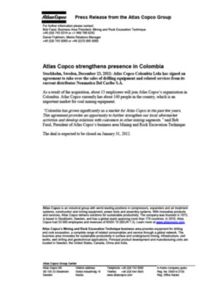 111223 -en- Atlas Copco takes over distribution in Colombia