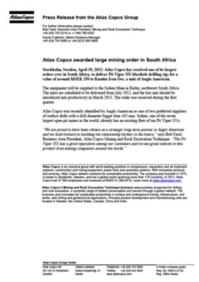 120419 -en- Atlas Copco wins large order in South Africa