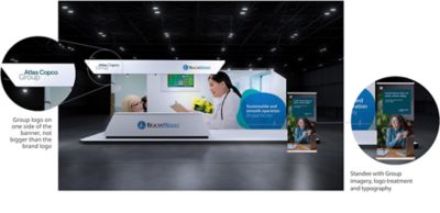 Beacon Medeas stand visualized in exhibition hall area with Group logotype on banner and standee 