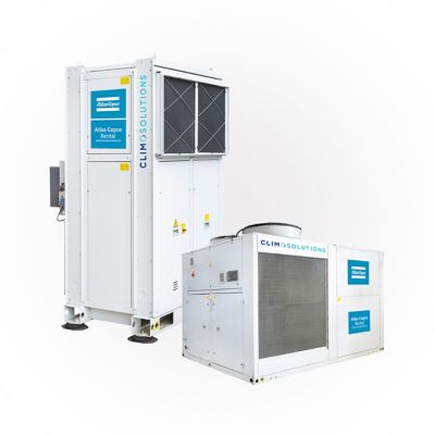 Product renders of two industrial air conditioners on a white background. Available for rent. 