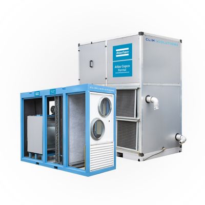 Two air handling units of Atlas Copco Rental on a white background. 