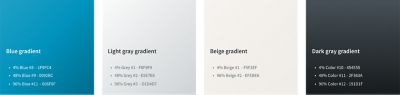 Color codes for gradients in blue, light gray, beige and dark gray