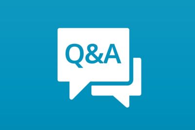 A graphical icon showing two speech bubbles on top of each other. The one on the front has "Q&A" written on it. The icon is white and the background is blue. 