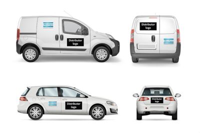 Example of vehicle branding with Atlas Copco authorized distributor logotype shown on two types of cars. 