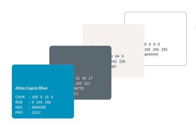 An image showing four rectangular shapes positioned diagonally from lower left corner to upper right corner. Each shape represent one of official Atlas Copco colors, blue, dark grey, beige and white. Each box has information about colors like HEX or RGB code. 