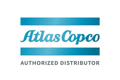 Atlas Copco logotype in blue gradient with "authorized distributor" text below