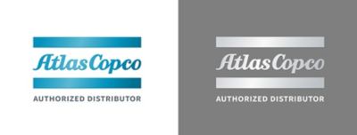 Beispiel für zwei Farboptionen für das Logo des autorisierten Atlas Copco-Händlers. Links ist das blaue Verlaufslogo auf weißem Hintergrund, rechts das silberne Verlaufslogo auf grauem Hintergrund