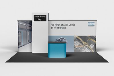 A mock-up of an exhibition stand featuring Atlas Copco compressors on back-drop as well as various promotional photos. and the Atlas Copco authorized distributor logotype. There is a higher column featuring a place where distributor's own logo can be positioned. 