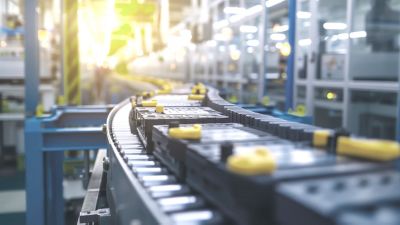 Mass production assembly line of electric vehicle battery cells.