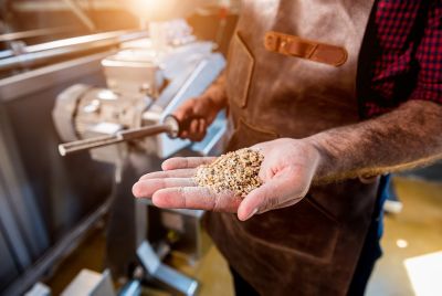 A young brewer in a leather apron controls the grinding of malt seeds in a mill at a modern brewery.