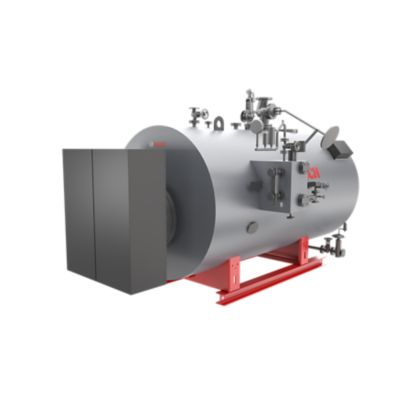 A front view of a Bosch electric boiler. The boiler features a cylindrical shape, control valves, and a separate electrical control panel. 