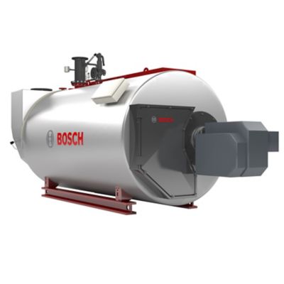 Render of a Bosch hot water boiler UT-H on a white background. Equipped with red piping and control elements, supported by a sturdy red base.