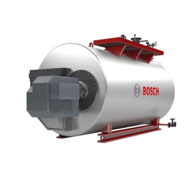 A Bosch industrial hot water boiler UT-H with a cylindrical design, featuring a front burner and a metallic finish, mounted on a red support base.