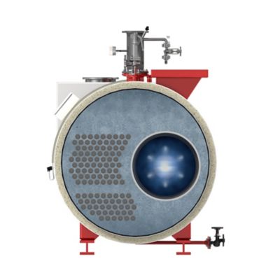 A cross-sectional view of a Bosch UT-H hot water boiler, revealing internal components such as heating tubes and the burner area.