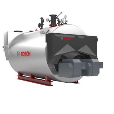 Side and rear view of a Bosch hot water boiler UT-HZ, highlighting the exhaust outlets and piping connections, mounted on a sturdy red frame.
