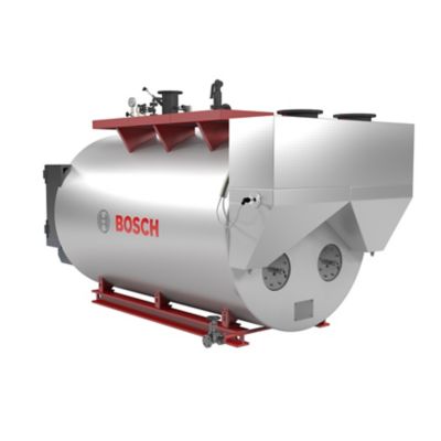 Front view of a Bosch hot water boiler UT-HZ, showing its burner system and control panel, designed for industrial heating applications.