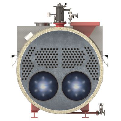 A cross-section of a Bosch hot water boiler UT-HZ, showcasing its internal structure, including a circular heat exchanger and insulation.
