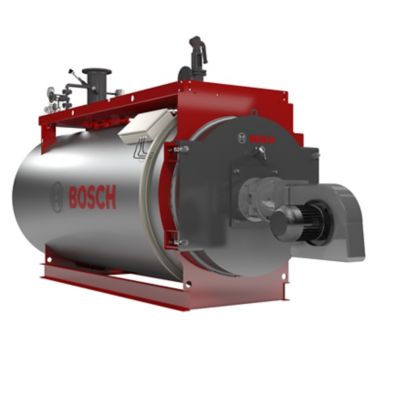 "High-quality 3D render showcasing the side view of a modern hot water boiler from Bosch.