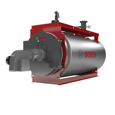 3D render Bosch UT-M hot water boiler on a white background. Featuring a grey shell and red frame. 