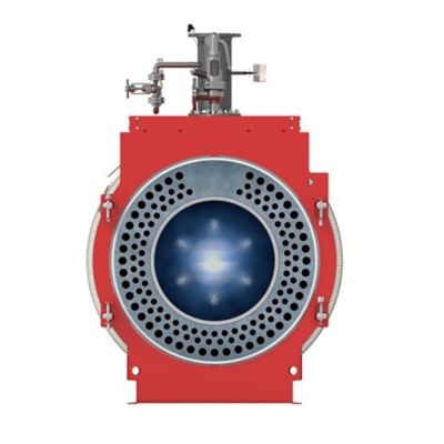 The inside of a hot water boiler  UT-M. You can see the heat exchanger tubes and the flame in the combustion chamber.