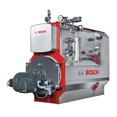 Render of a compact Bosch U-MB boiler on a white background. Features stainless steel shell and burner unit located on the front of the boiler. 
