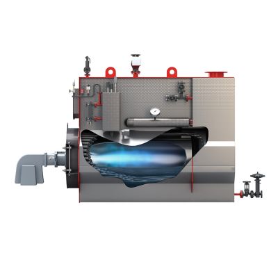 Side view of a 3D-rendered Bosch steam boiler U-MB showing the heat exchanger tubes and the flame inside the combustion chamber. 