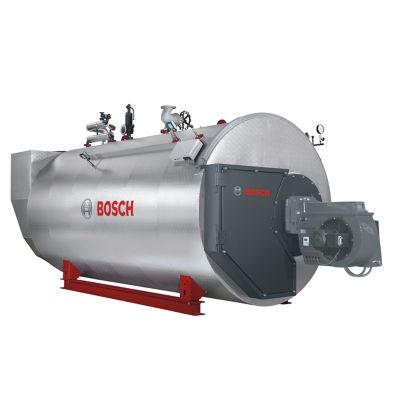 A Bosch steam boiler showcasing a large cylindrical body, equipped with red piping and control elements, supported by a sturdy red base.