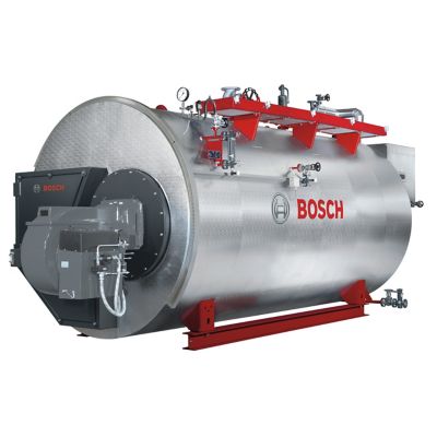 A Bosch industrial steam boiler with a cylindrical design, featuring a front burner and a metallic finish, mounted on a red support base.